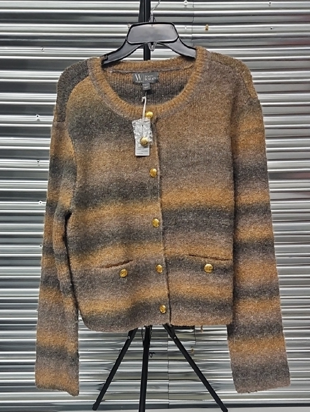 W by Worth Striped Crewneck Button Cardigan - Gold & Gray
